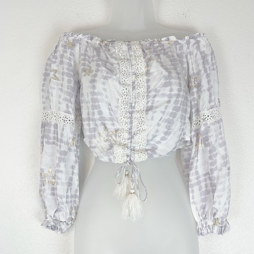SURF GYPSY Top‎ Grey Metallic Star Print Crochet Ruched Off Shoulder Crop Small